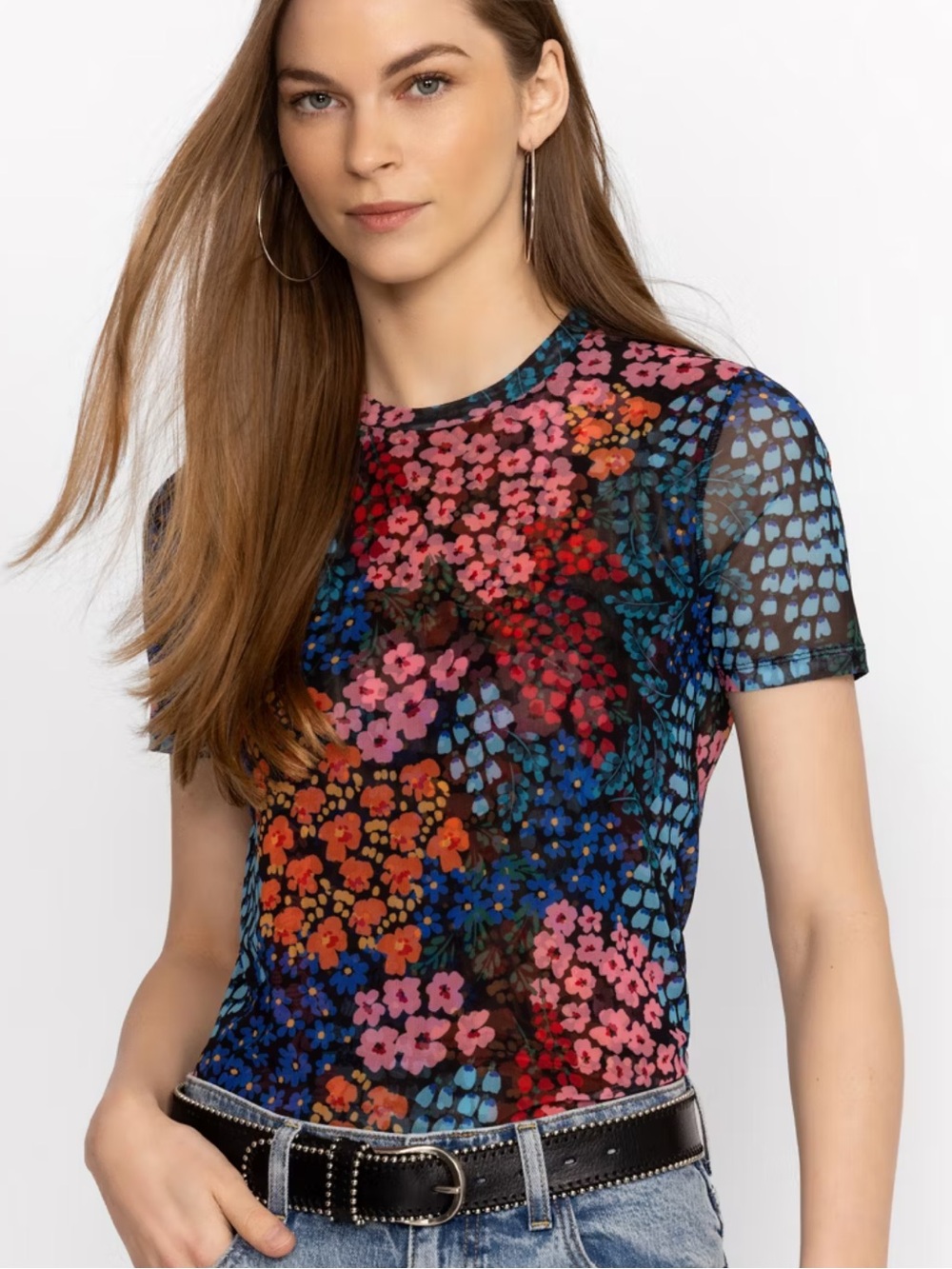 Johnny Was Jade Eleanor Mesh Short Sleeve Astrid Floral T-Shirt Blue Pink Size S